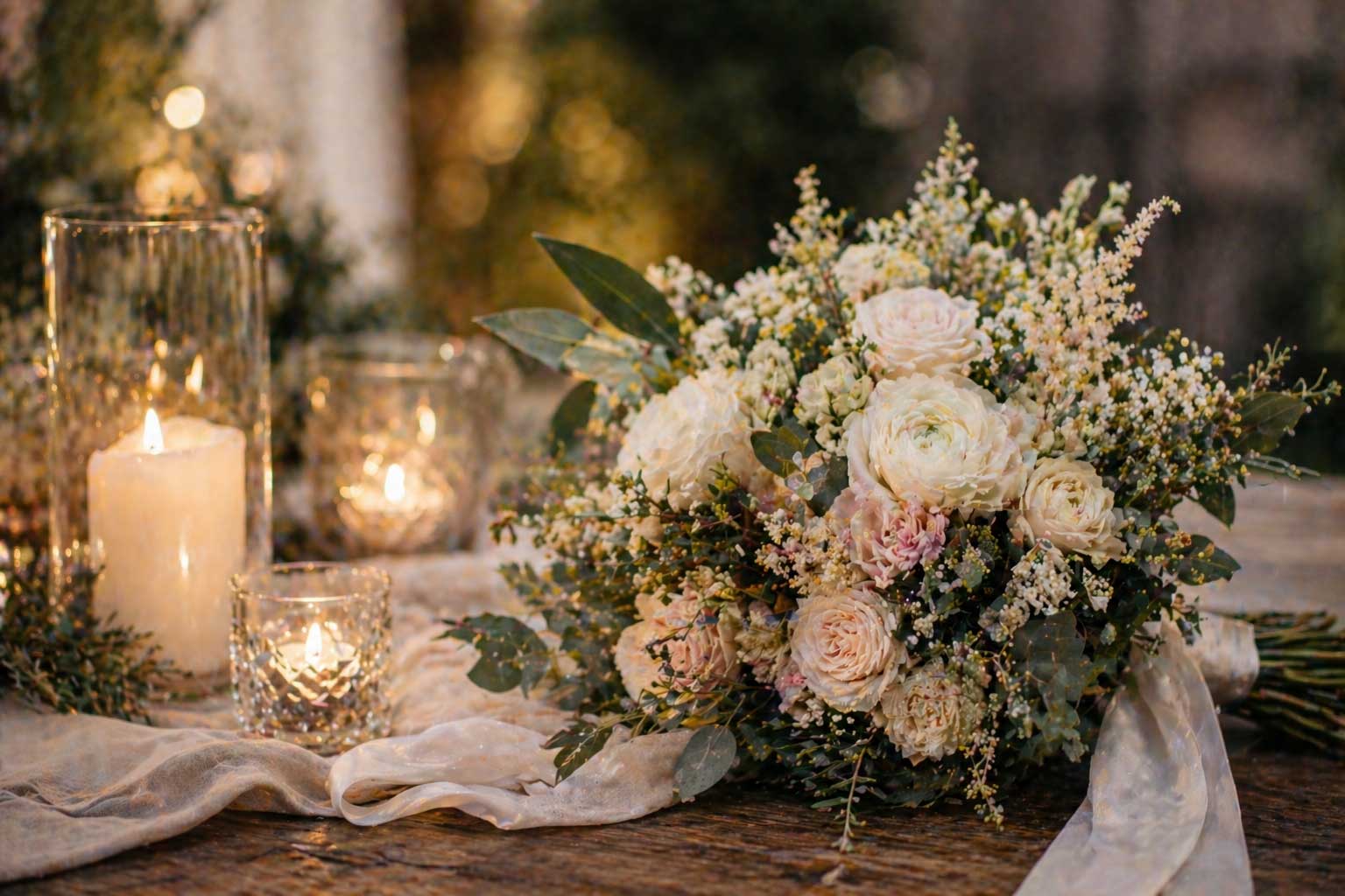 Stimmungsvolles Detailbild einer Hochzeit, z. B. Brautstrauß oder Kerze